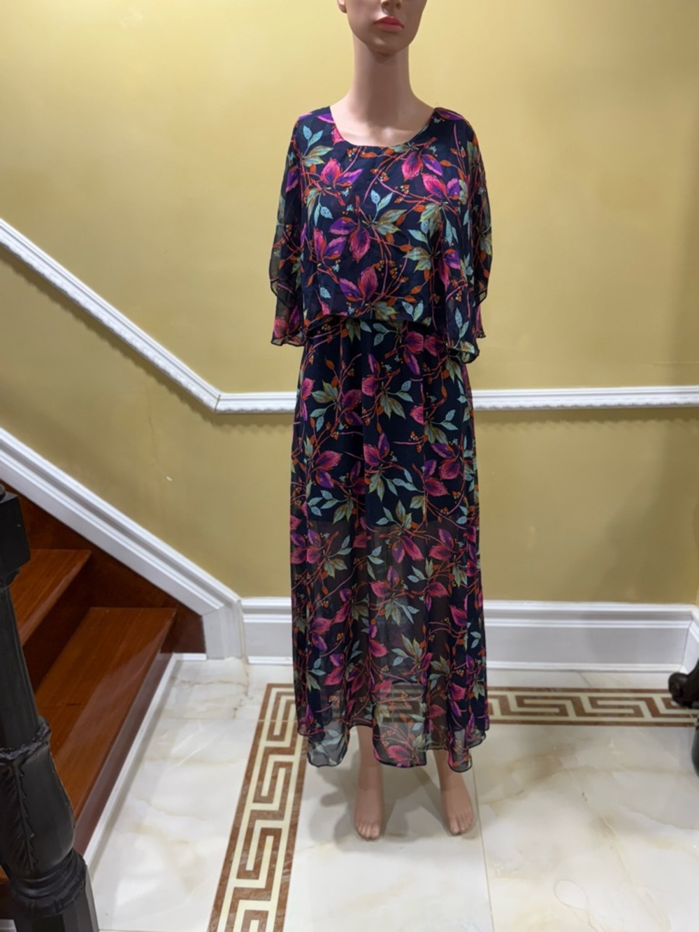 Zara Navy Maxi Dress with Pink & Teal Floral Print